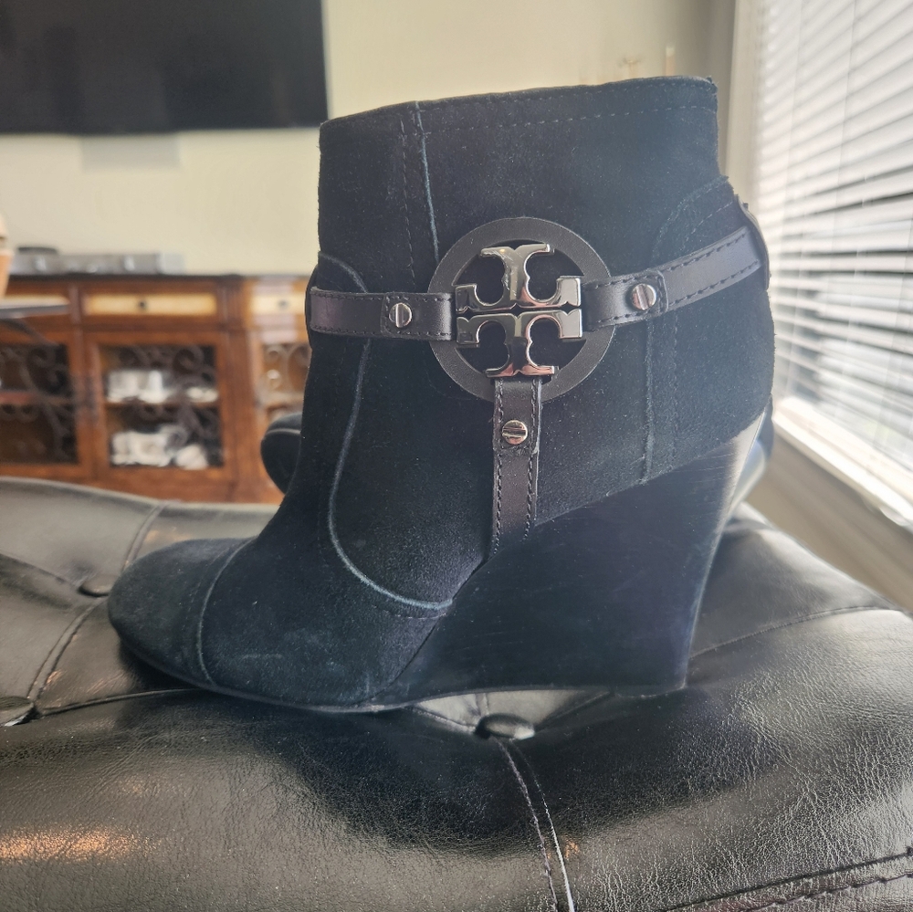 Tory Burch black suede wedge booties, size 8.5